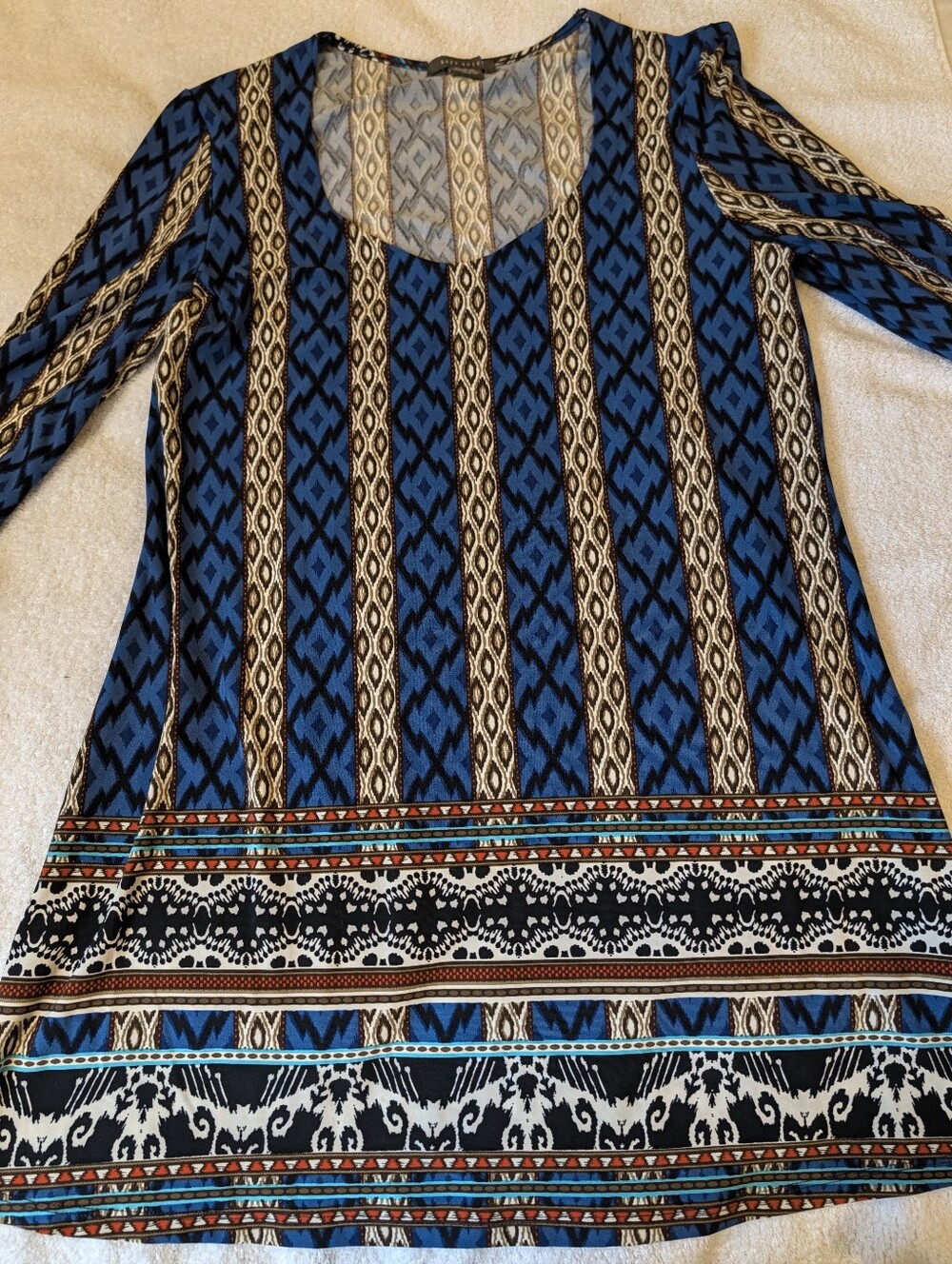 Suzy Shier Boho Geometric Ikat Shift Dress Tunic Bell Sleeve Blue Brown Size M - Picture 5 of 9